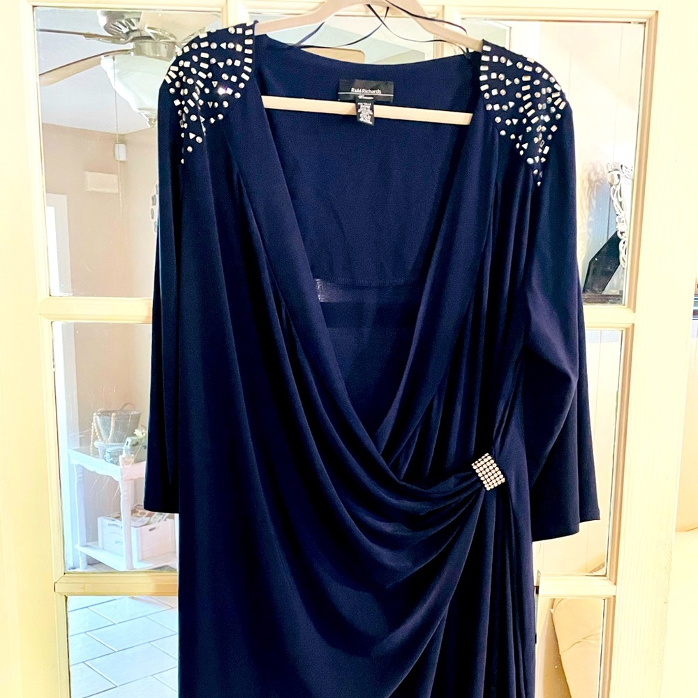NWT. R & M Richards Navy blue embellished faux wrap dress. Size 20